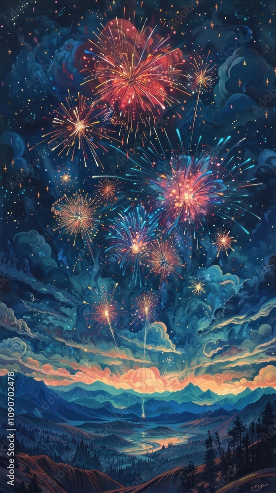 Poster a vibrant display of fireworks explodes over a scenic mountain lake at dusk, creating a captivating 