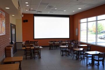 Fototapeta premium Empty restaurant dining area with large projection screen, tables, and chairs. Generative ai