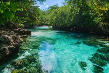 Fototapeta premium Translucent jade water of a hidden lagoon with splashes of foam from playful waves and vibrant coral reefs, inviting exploration in a tropical paradise