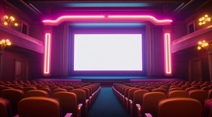 Empty retro movie theater with neon lights and large blank screen. Generative ai