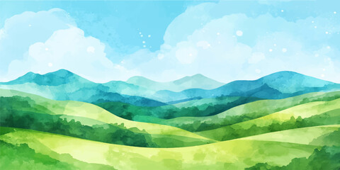 Watercolor landscape with a blue sky and green mountains, vector illustration.