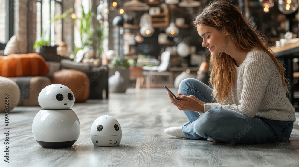 Poster interactive virtual assistant engaging user in a modern home environment with smart technology insig