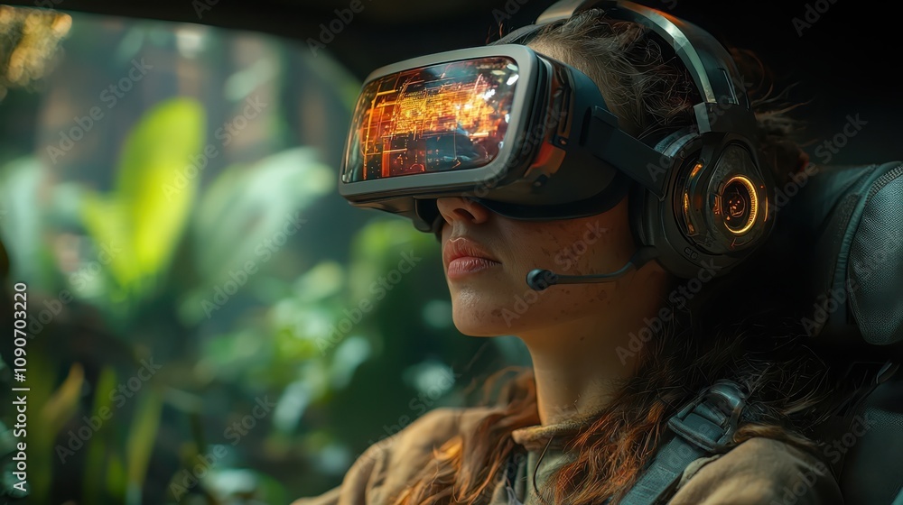 Poster immersive virtual reality adventure digital jungle interactive experience 360-degree environment use