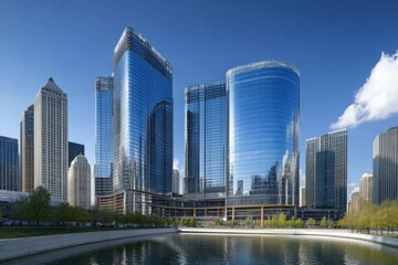 Obraz premium massive corporate towers with polished glass facades, reflecting the blue sky and the surrounding urban environment