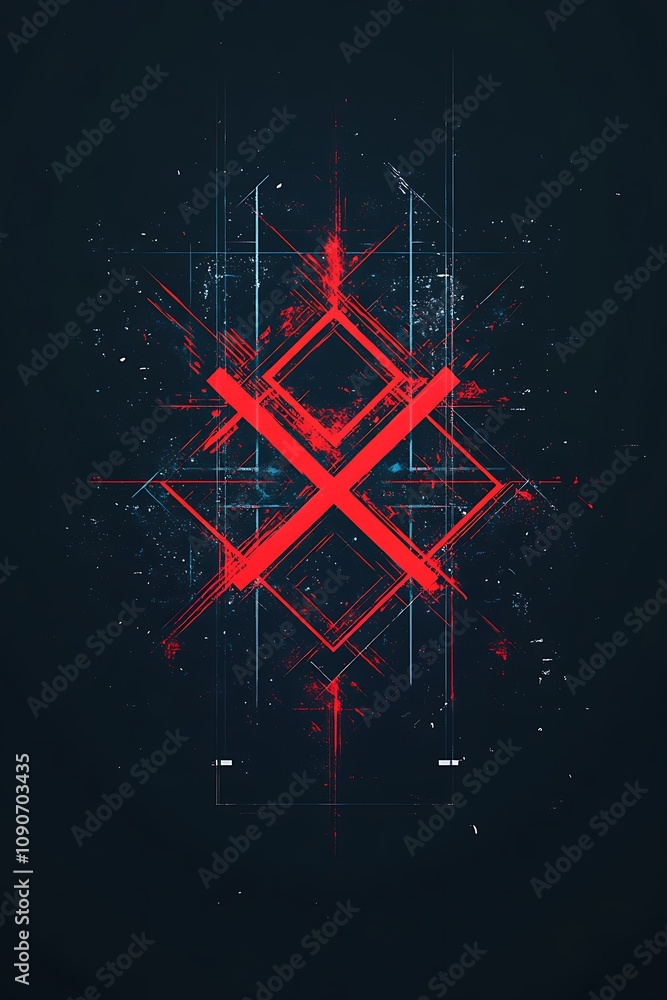 Poster abstract digital art featuring a striking red geometric pattern on a dark background, showcasing com