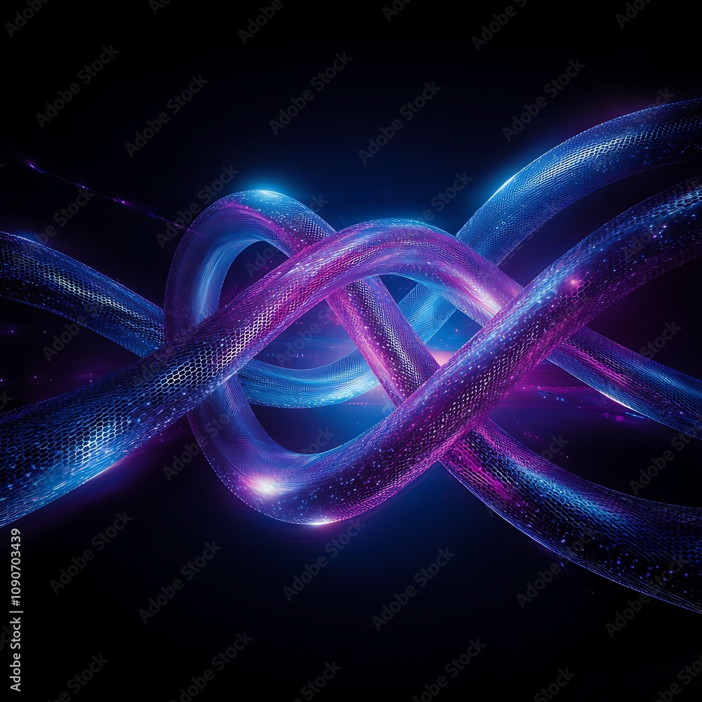 Poster abstract digital art featuring luminous swirling strands and dynamic waves of color and light agains