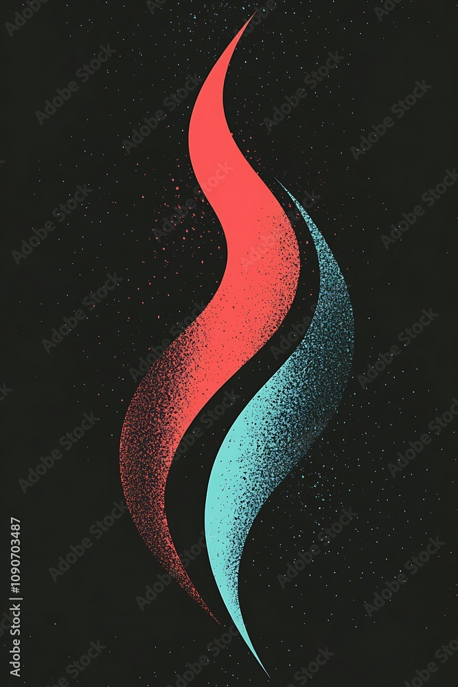 Poster abstract digital art featuring smooth curves and bold colors in a dark background, creating a striki