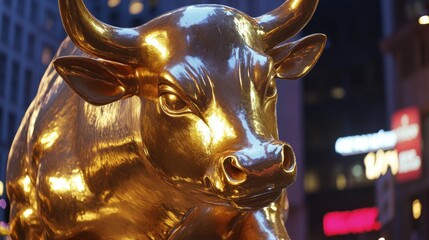 Obraz premium Golden bull statue in the city, symbol of stock market optimism, Wall Street scene, powerful finance imagery.