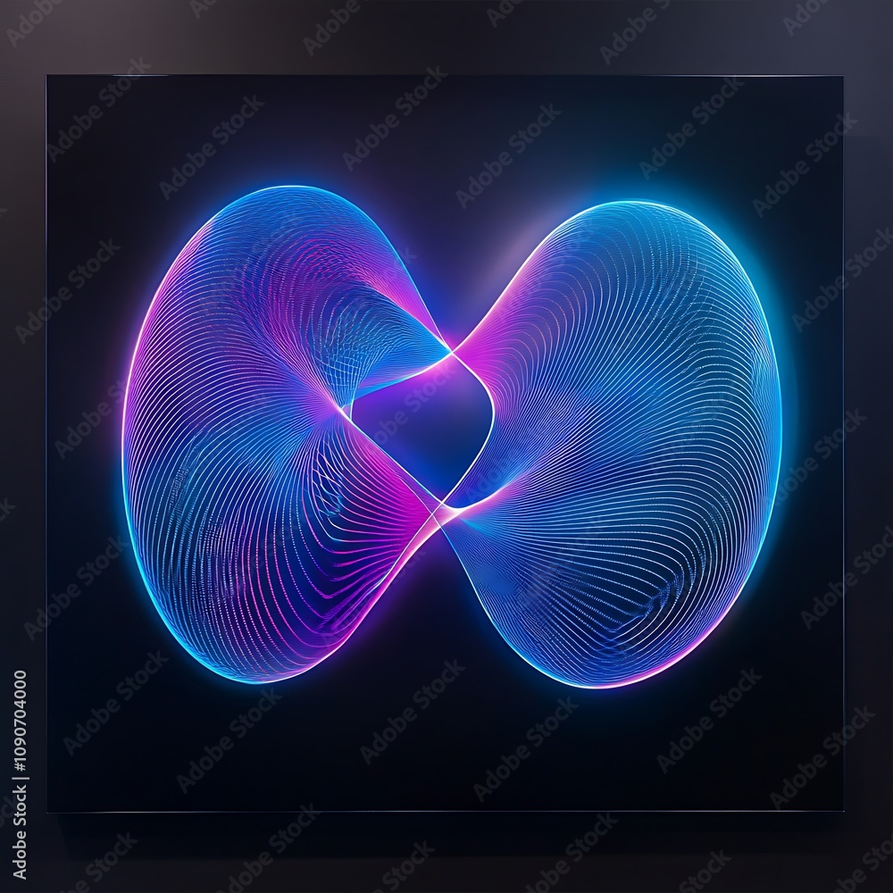Poster abstract digital art with vibrant blue and pink waves creating a dynamic symmetric pattern on a dark