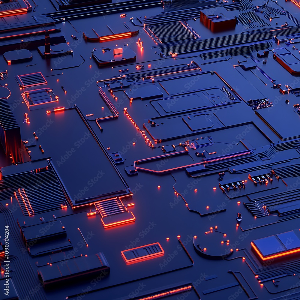 Poster abstract digital circuit board background design with neon glow in blue and orange color scheme feat