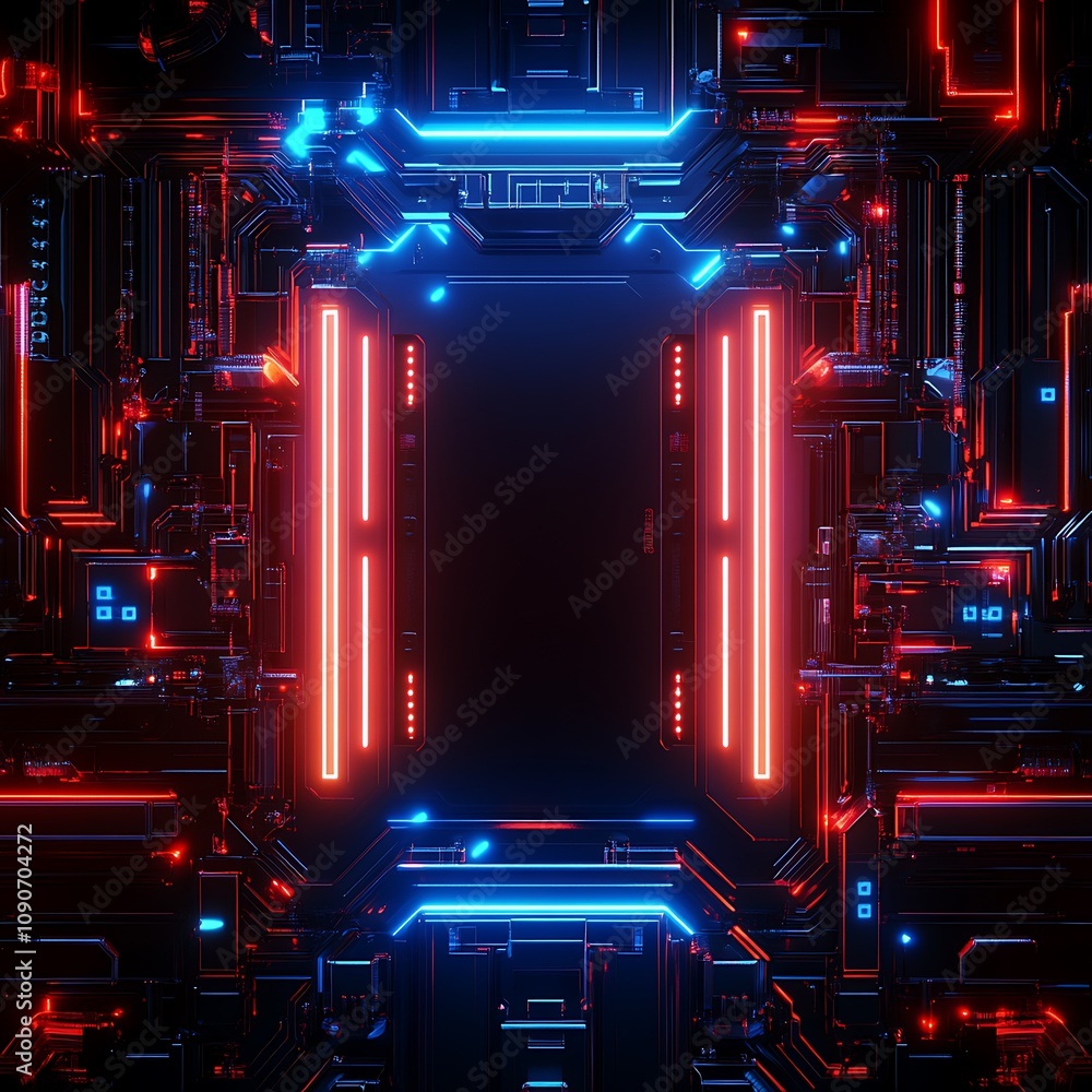Poster abstract digital circuit board background with glowing blue and red lights showcasing intricate tech