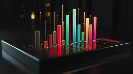 Obraz premium Abstract black background with 3D Colorful charts and graphs with statistics to innovative analyze business potential and forecast future development of companies growth.