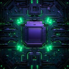 Fototapeta premium Abstract Digital Circuit Board Design with Neon Green and Purple Illuminations, Perfect for Technology and Futuristic Conceptual Artwork