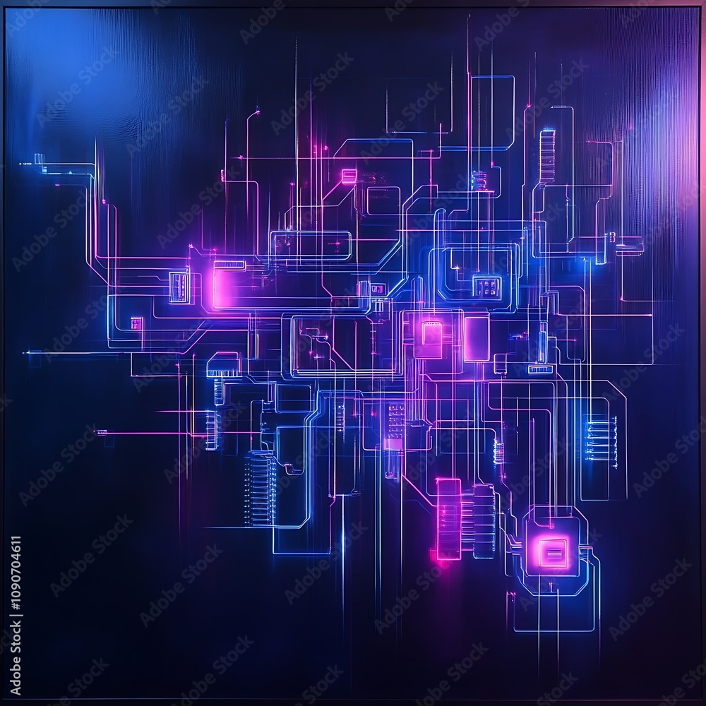 Poster abstract digital circuit pattern with neon colors illustrating futuristic technology and data connec