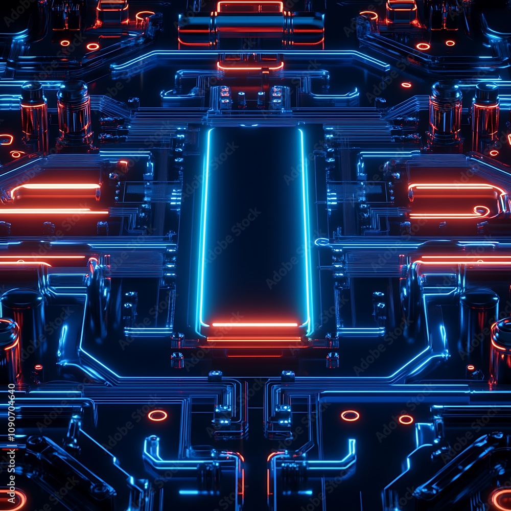 Poster abstract digital circuit with neon lights reflecting technology and innovation in a futuristic cyber