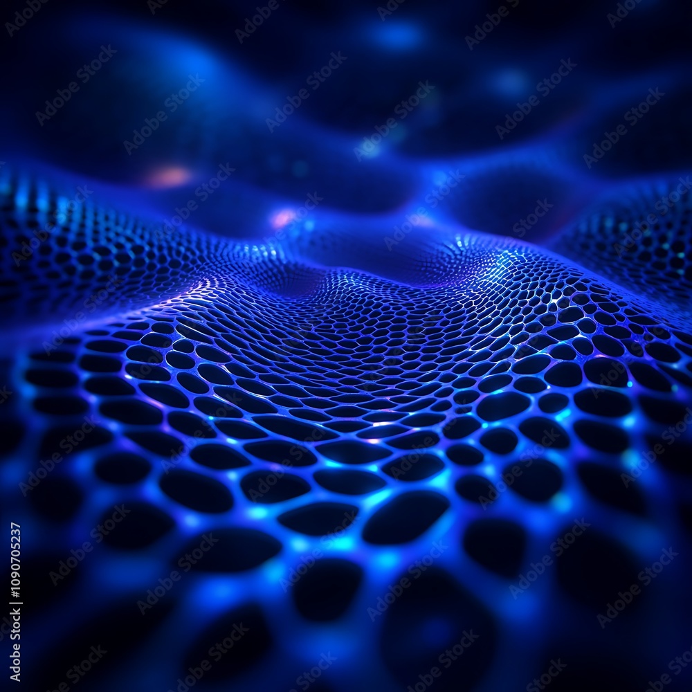 Poster abstract digital wave pattern with vibrant blue illumination and detailed mesh structure, creating a