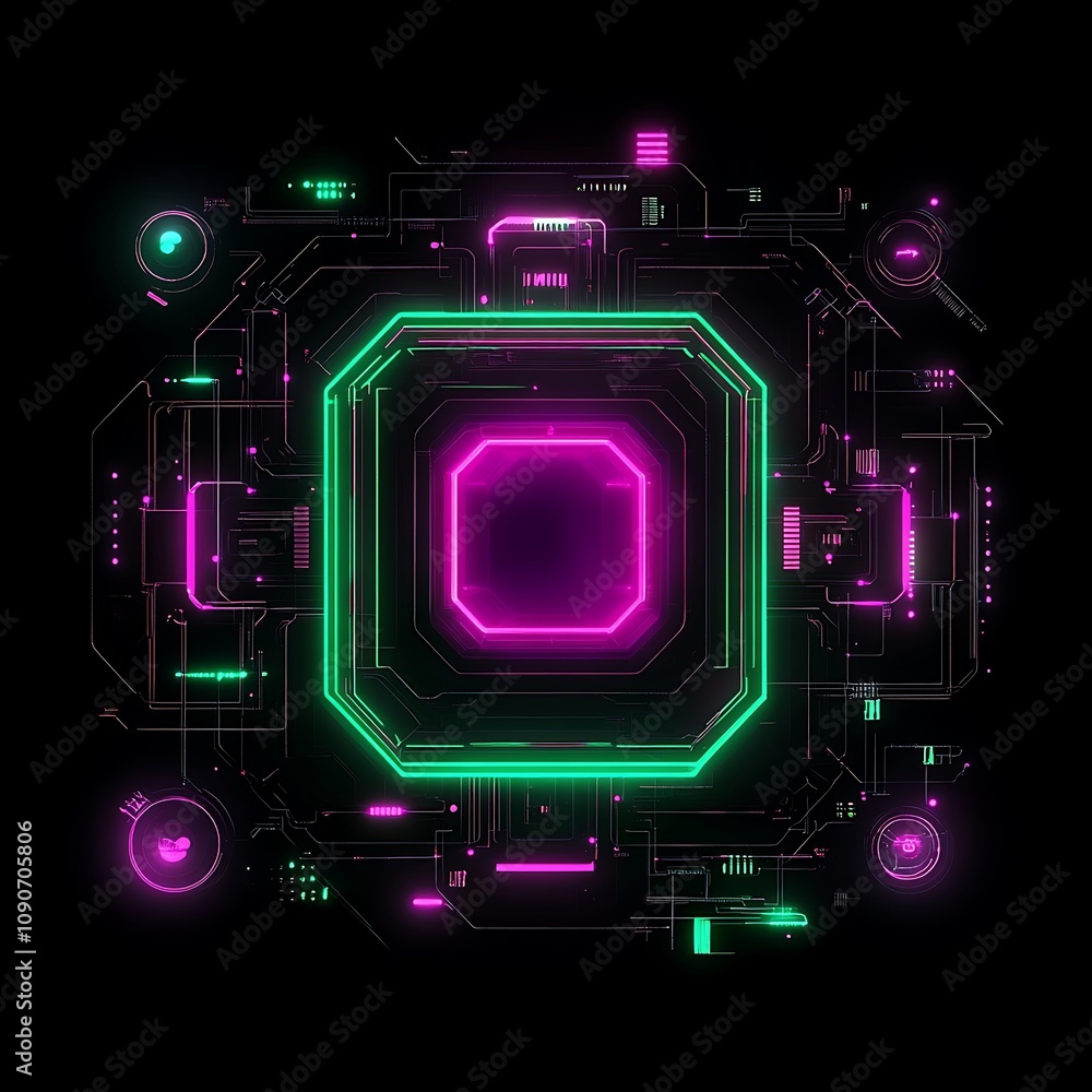 Poster abstract futuristic circuit board with neon colors, technology patterns and digital elements in an a