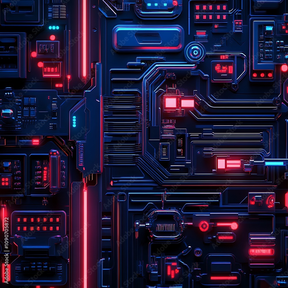 Poster abstract futuristic circuit board with neon lights and intricate patterns, perfect for technology ba
