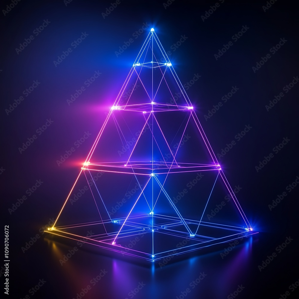 Poster abstract futuristic design featuring a glowing geometric pyramid with vibrant colored lights in a da