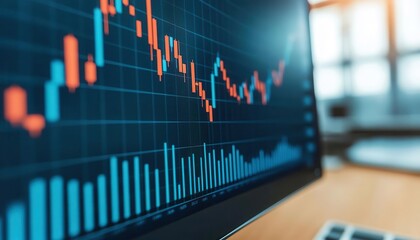 Graphs and analytics on computer screen, representing stock trends, office setting, modern business style