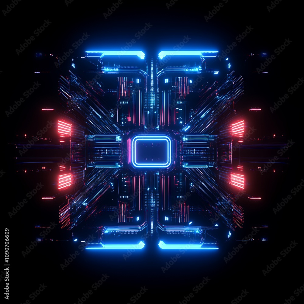 Poster abstract futuristic digital circuit board with glowing neon lights in blue and red colors on a black