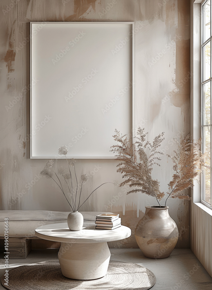 Aufkleber A large white picture frame hanging on an empty wall. In front is a round table with books and a vase on it, in a minimalistic interior design style.