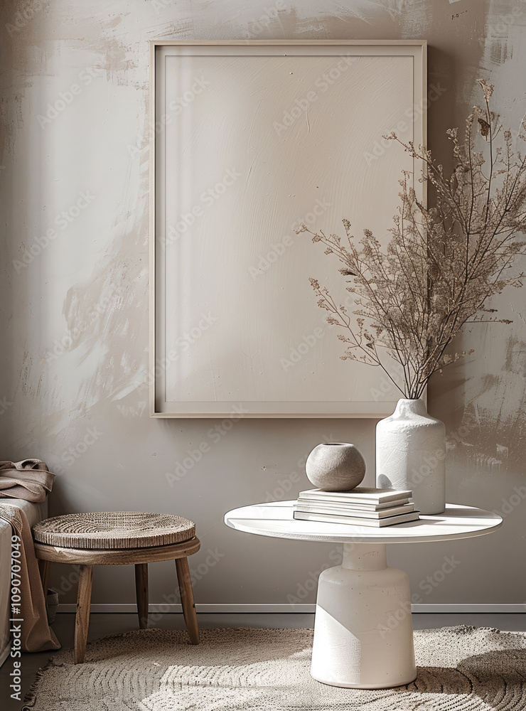 Aufkleber A large white picture frame hanging on an empty wall. In front is a round table with books and a vase on it, in a minimalistic interior design style.