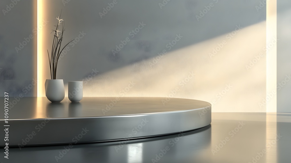 Poster 67. a smooth metallic podium with soft ambient light creating a sleek, sophisticated display area fo