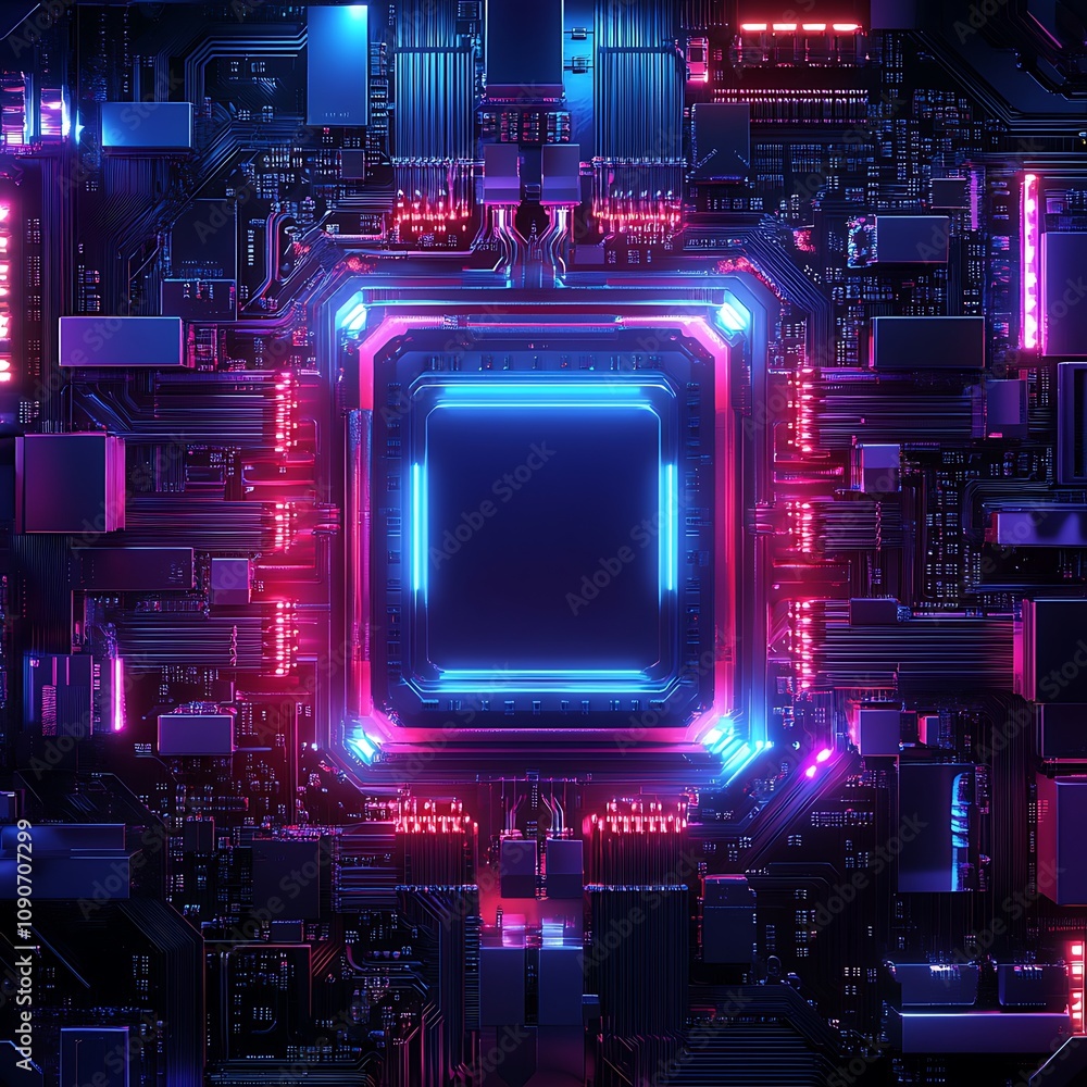 Poster abstract futuristic technology background featuring neon circuitry and a central processor unit radi
