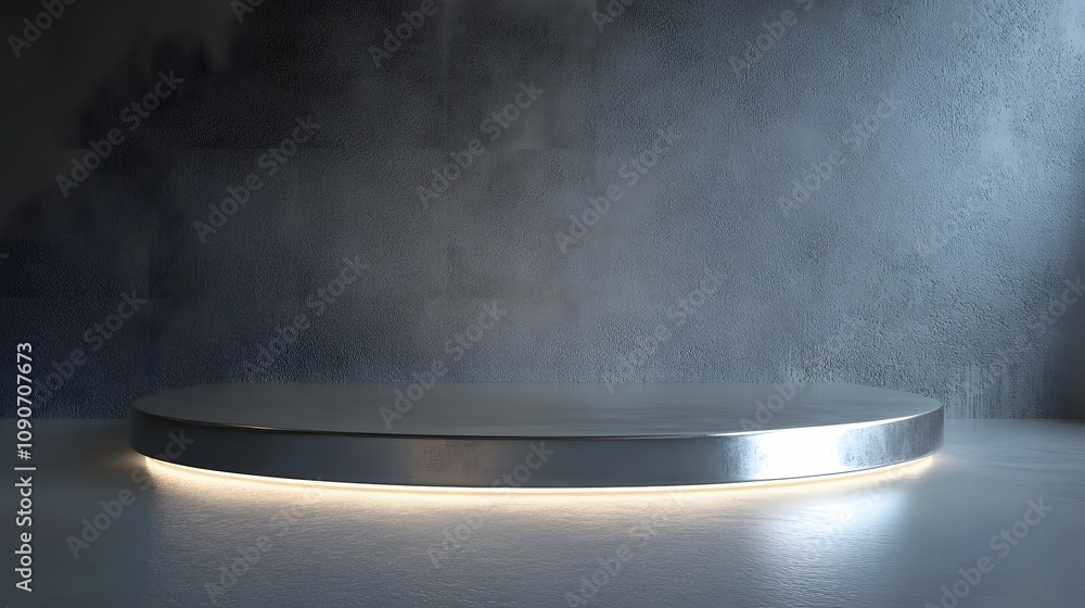 Poster 67. a smooth metallic podium with soft ambient light creating a sleek, sophisticated display area fo