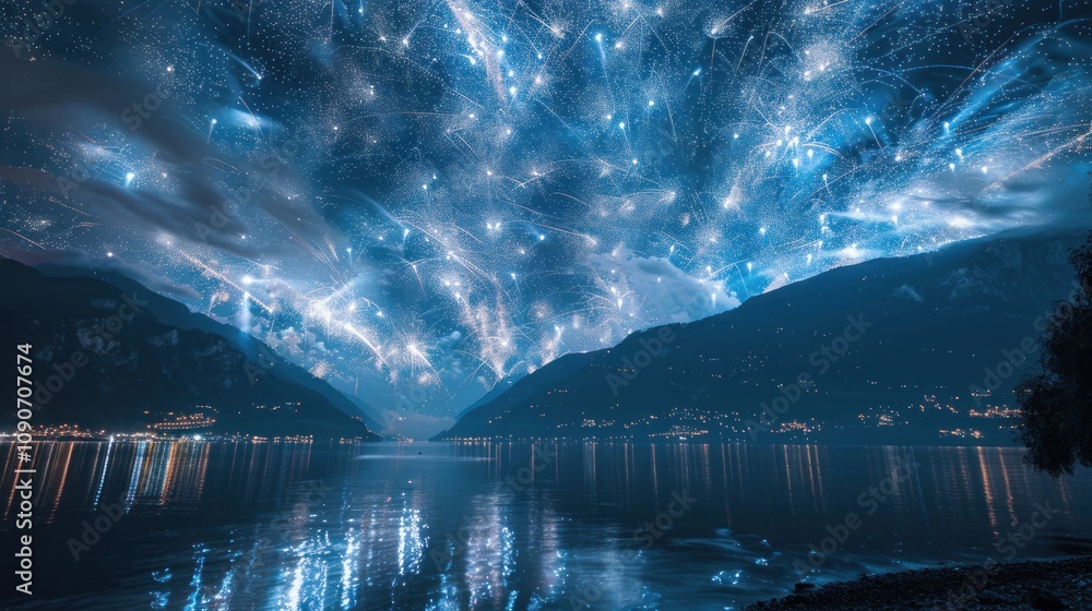 Poster a breathtaking fireworks display explodes over a calm lake, creating a stunning reflection in the wa