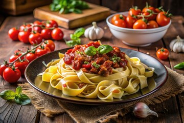 Delicious Tagliatelle Pasta with Bolognese Sauce, Cherry Tomatoes, Parmesan, and Fresh Basil - Perfect Italian Comfort Food
