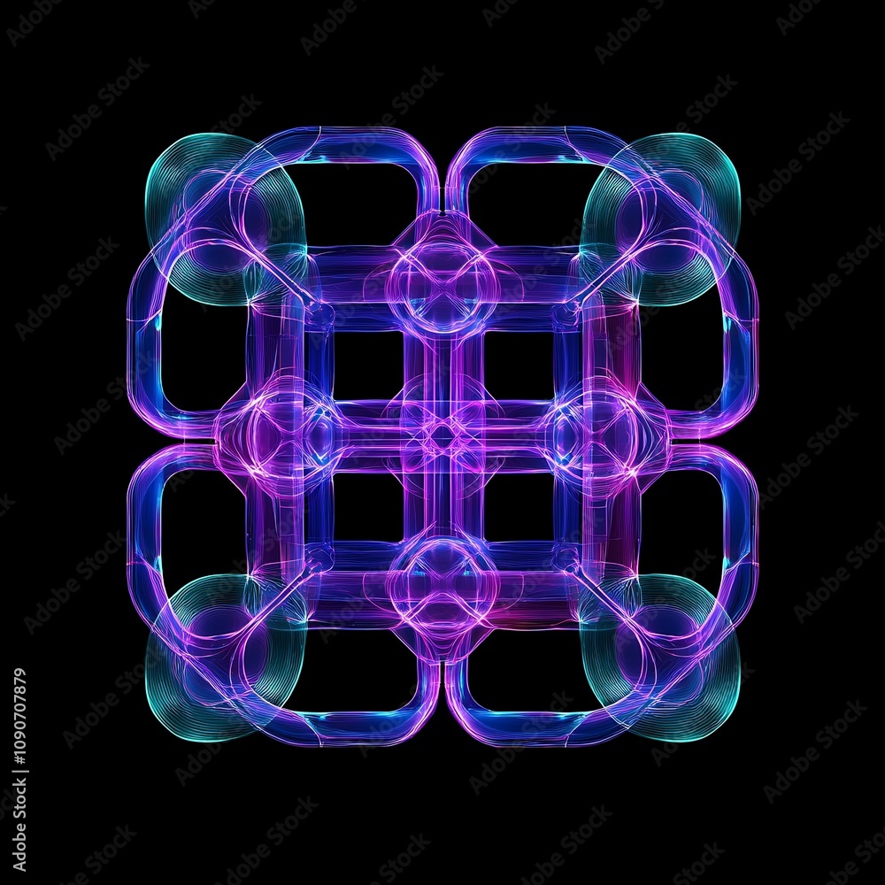 Poster abstract geometric design with colorful light trails creating an intricate pattern on a deep black b