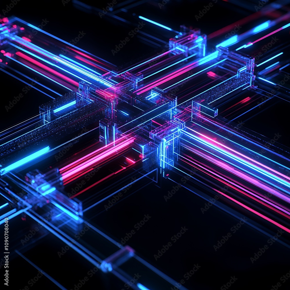 Poster abstract geometric lines and shapes illuminated with vibrant red and blue neon lights creating a fut