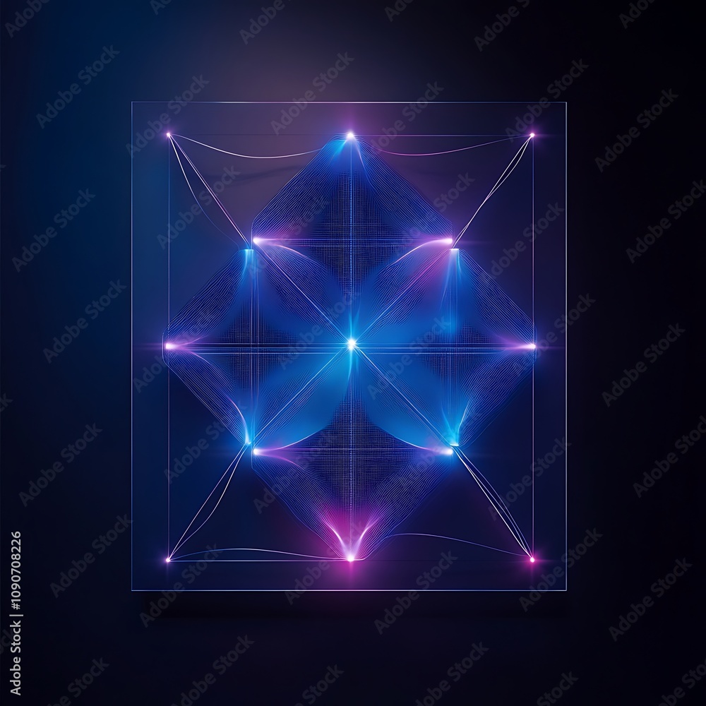 Poster abstract geometric pattern with glowing lines and shapes in vibrant blue and pink tones, creating a 