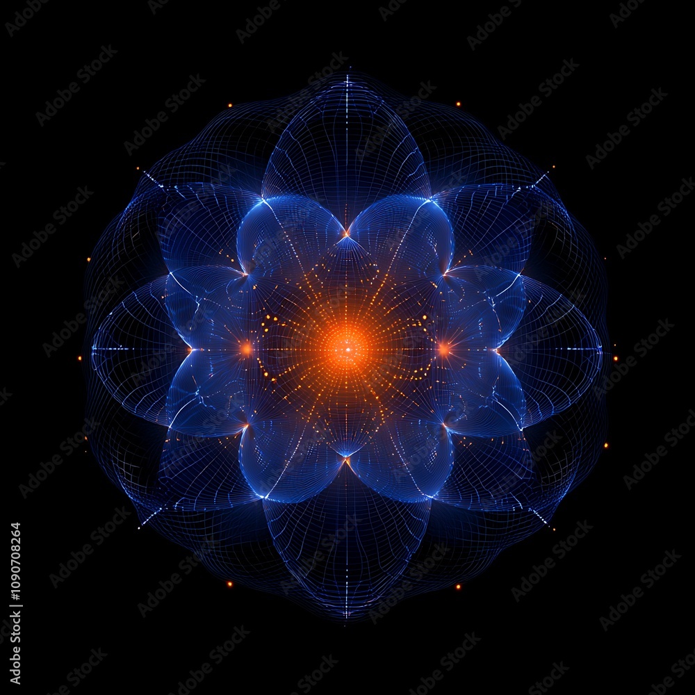 Poster abstract geometric pattern with intricate lines and luminous core, depicting a vibrant flower-like d