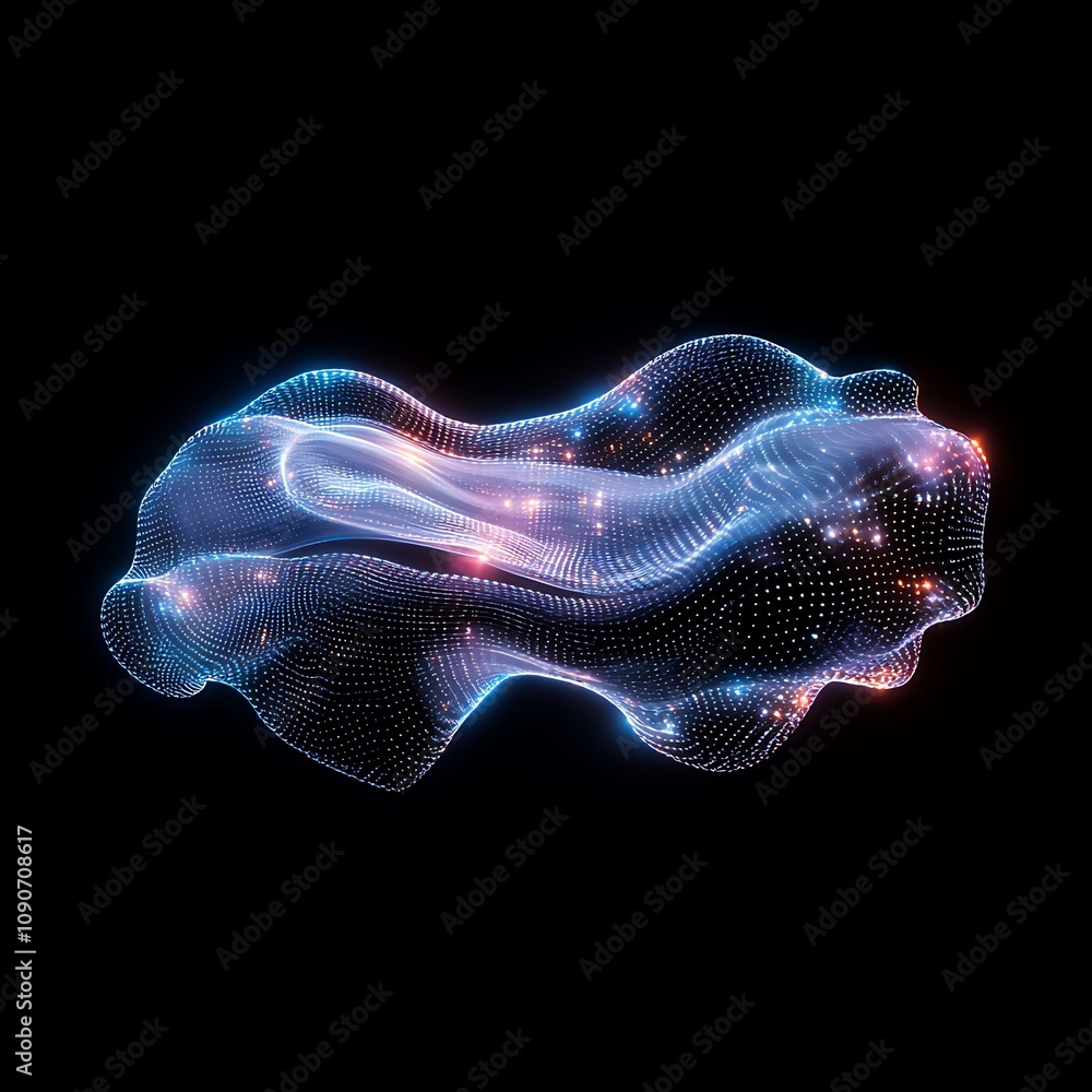 Poster abstract glowing mesh landscape with luminous particles, showcasing fluid forms and vibrant waves of