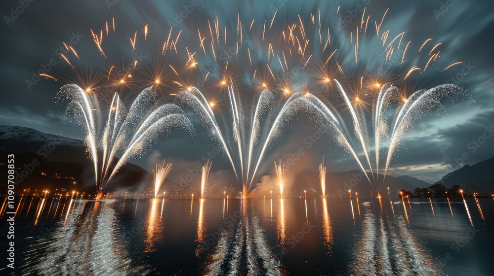 Poster a breathtaking display of fireworks explodes over a calm lake, with mountains in the background, cre