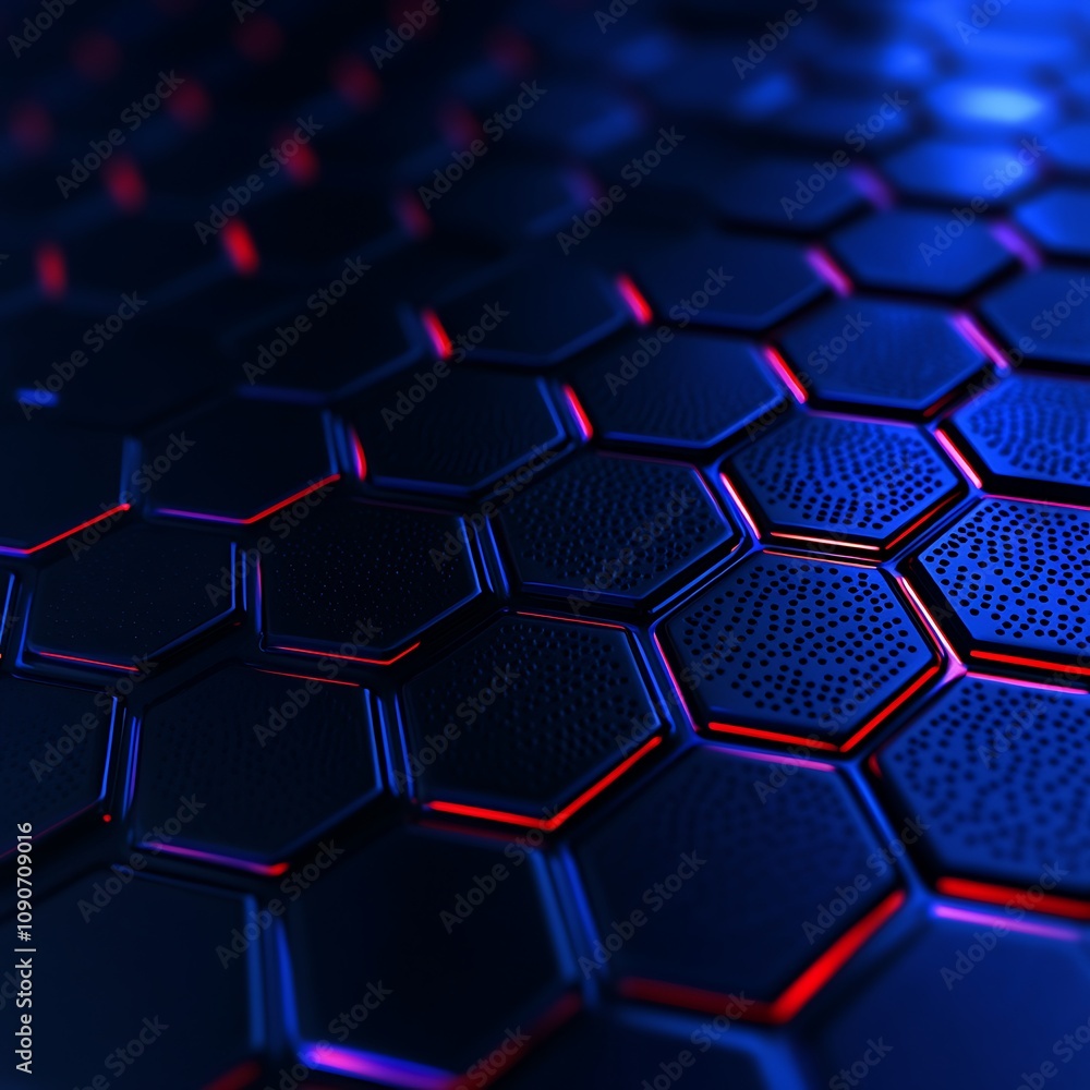 Poster abstract hexagonal pattern with glowing edges in blue and red tones, showcasing a modern and futuris