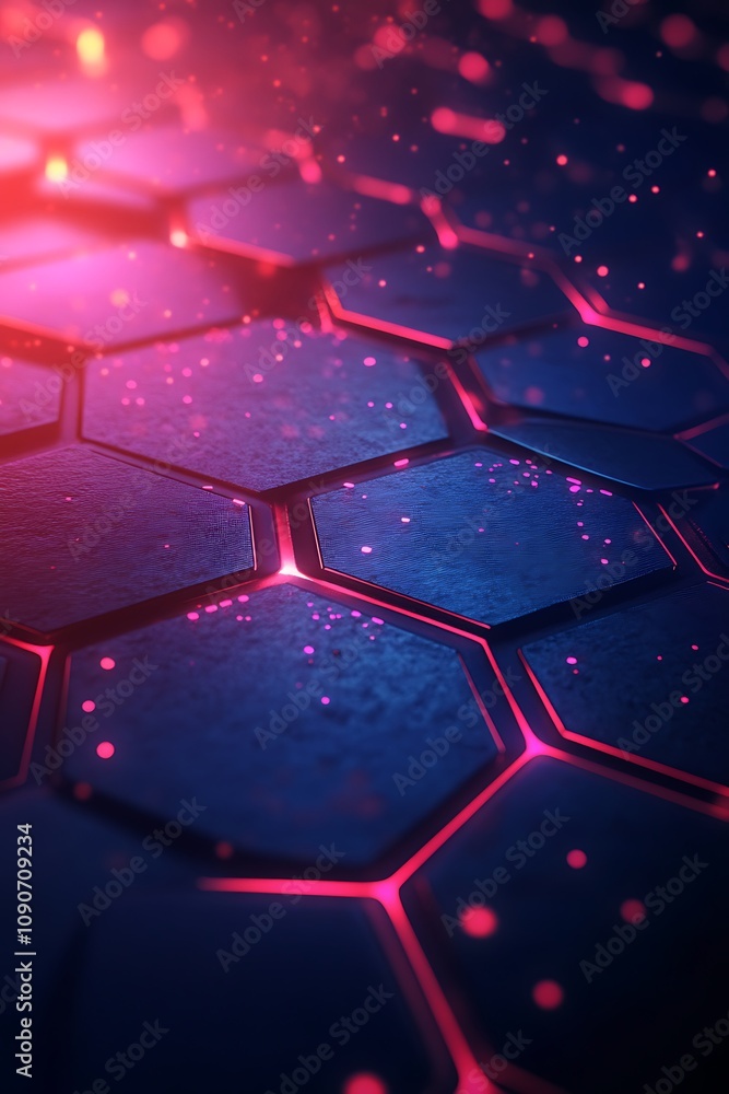 Aufkleber abstract hexagonal surface with glowing lights and particles in a futuristic digital environment, id