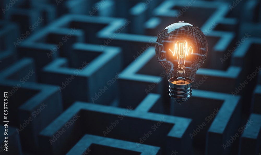 Poster light bulb illuminating maze, glowing bulb suspended above intricate maze structure, symbolizing ide