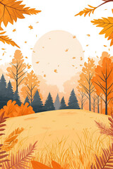 Beautiful autumn landscape with falling leaves and sun shining through trees