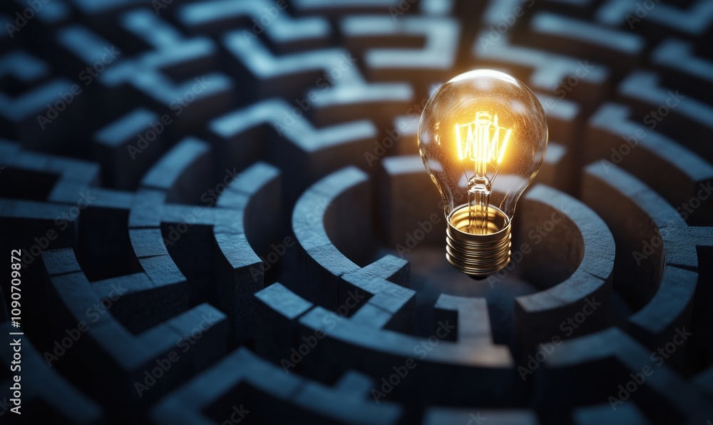Poster light bulb in maze symbolizes ideas and solutions, intricate maze design, glowing bulb at center, re