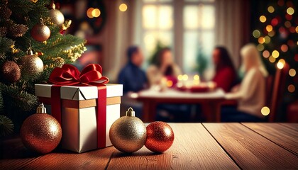 Pusty, drewniany blat z prezentami i bombkami z boku. W tle choinka i rodzina siedząca przy świątecznym stole. Bożonarodzeniowe tło