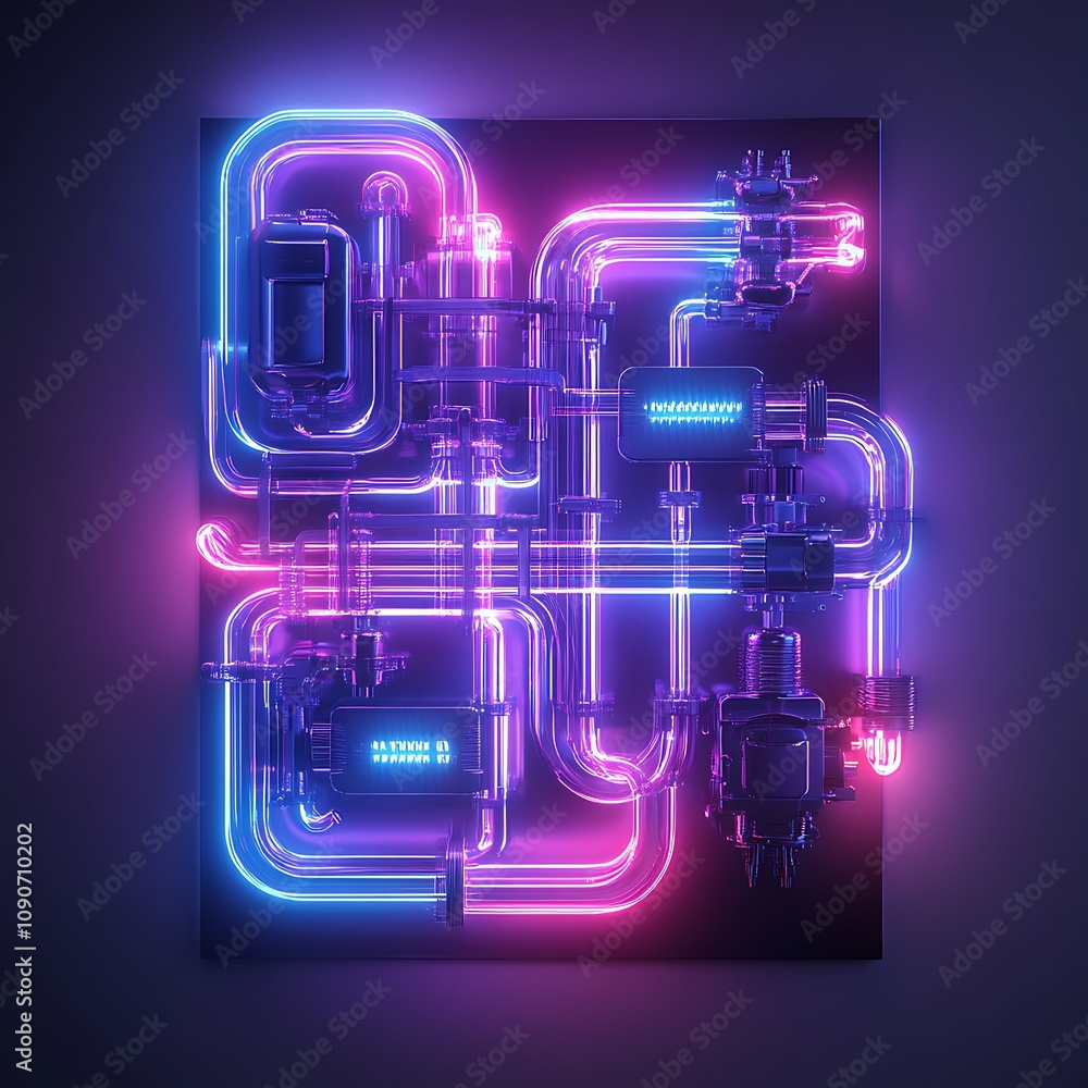 Poster abstract neon circuit design with glowing tubes and components on dark background for technology and
