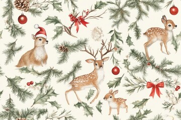 A festive pattern featuring deer and holiday foliage, perfect for seasonal decor.