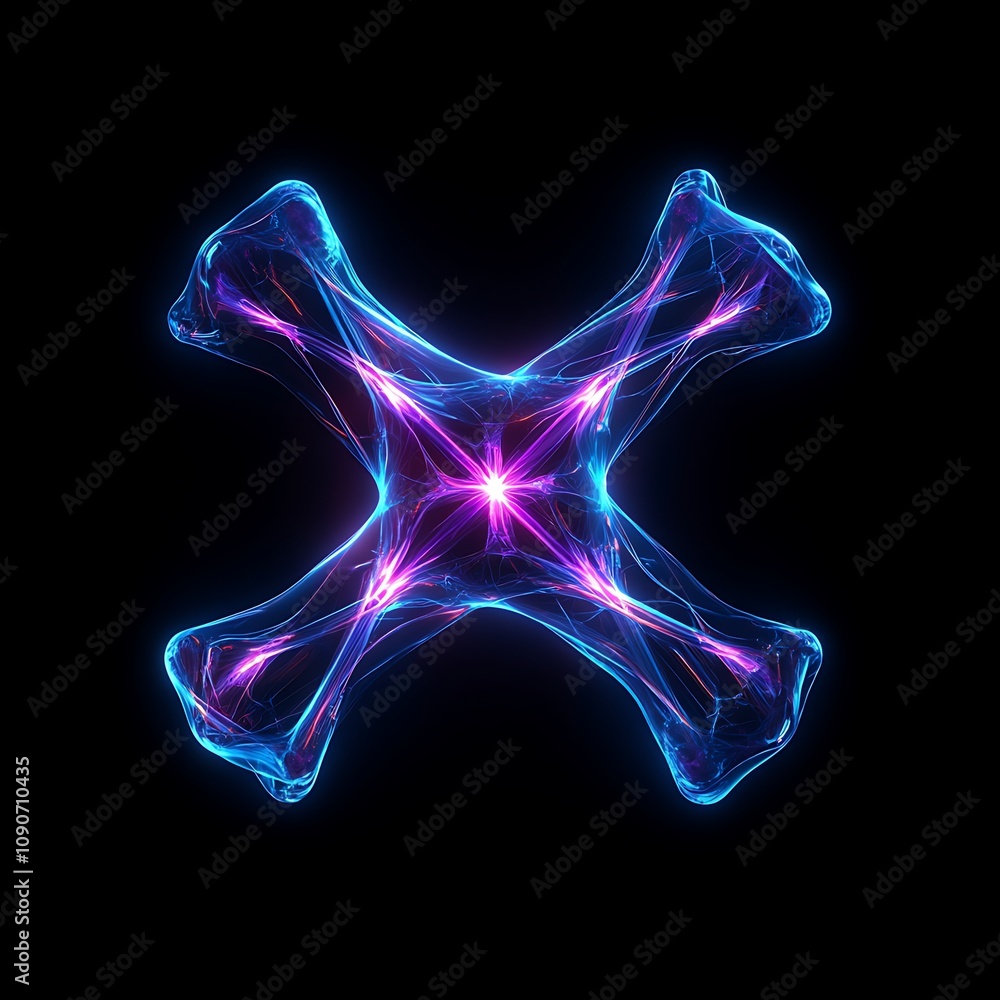 Poster abstract neon fractal design with glowing lines creating a star-like shape on a dark background, per