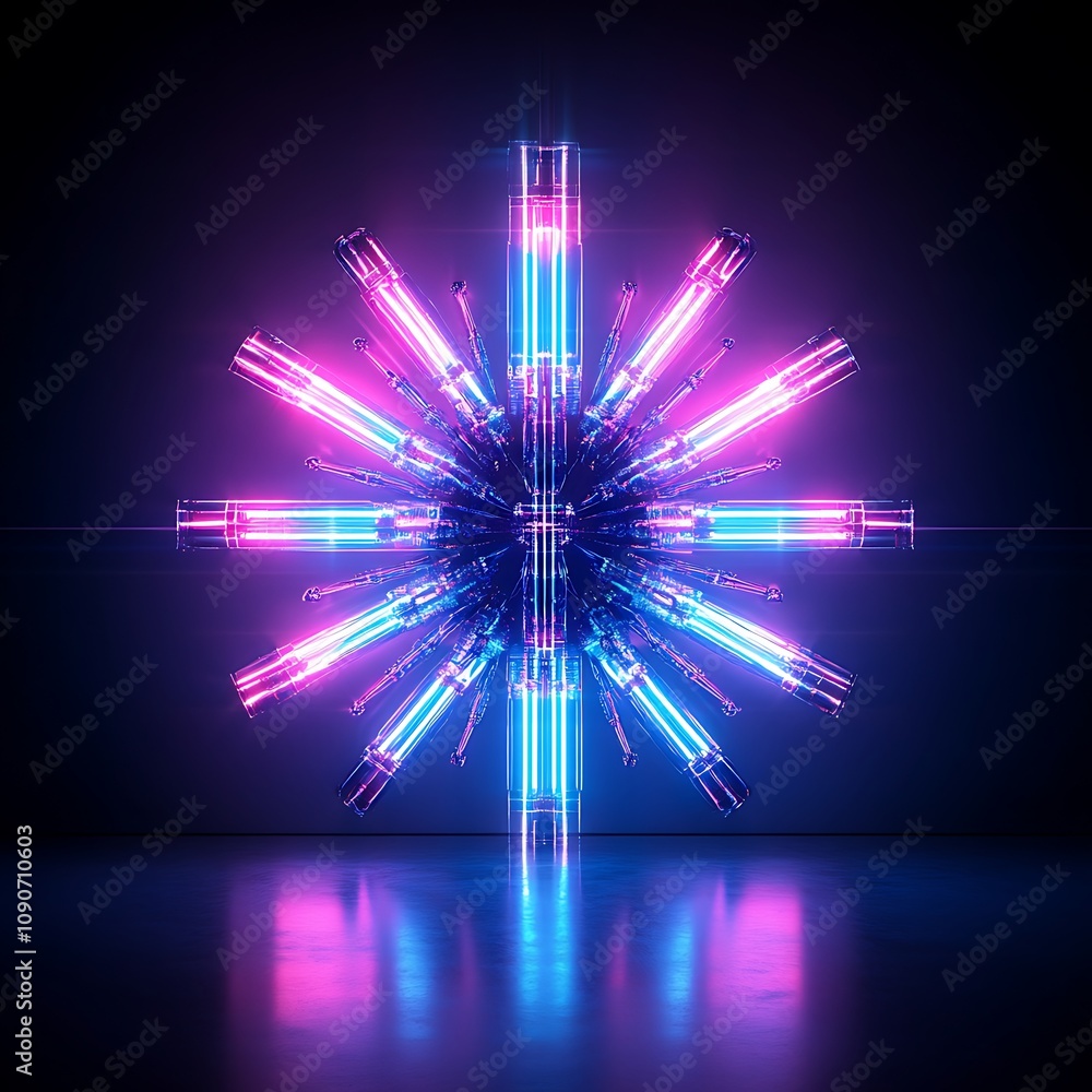Poster abstract neon light burst with colorful rays and reflections creating a futuristic star shape in a d