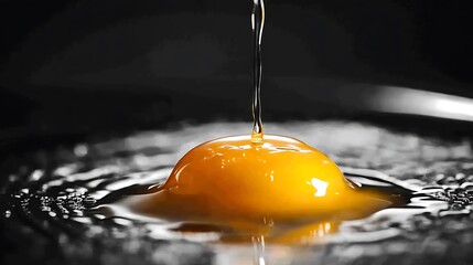 Ultra close-up view of an egg yolk dripping gently onto a silver plate, detailed in cool tones;...