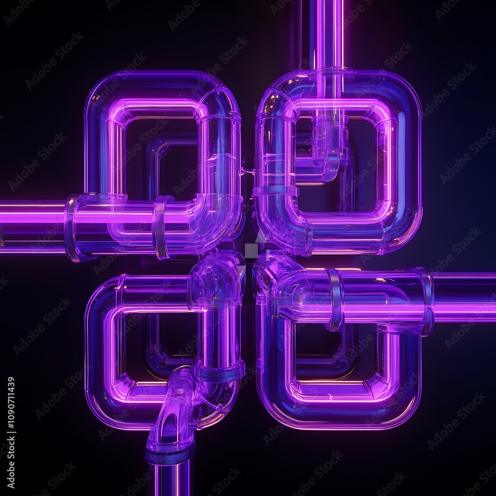 Poster abstract neon pipeline design with futuristic elements and bright purple glow against a dark backgro